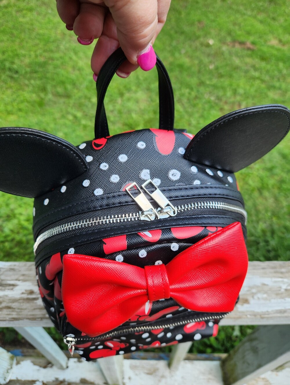 Disney Minnie Mouse black polka dot mini backpack featuring 3D mouse ears EUC - Picture 7 of 10